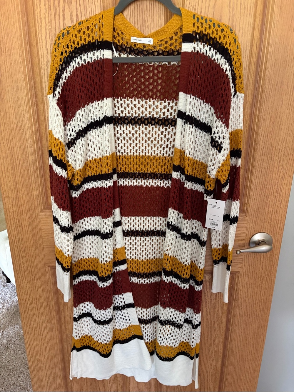 Striped Open-Knit Cardigan Sweater - Mustard, Burgundy, White - Nine West